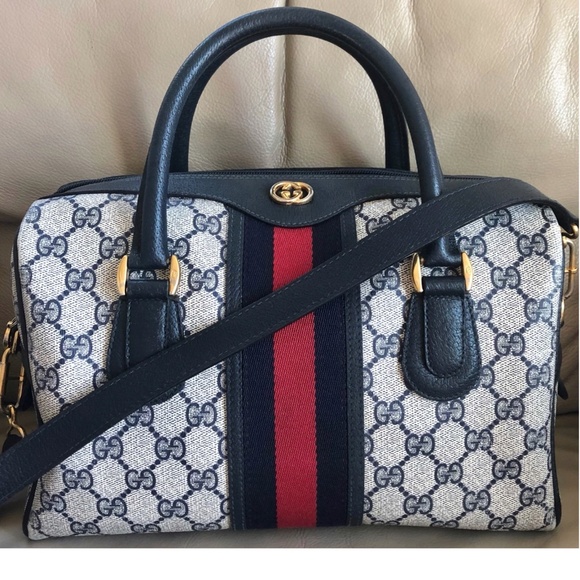 Gucci Handbags - Authenticated Vintage Gucci Web Boston Monogram Canvas Navy Leather Shoulder Bag